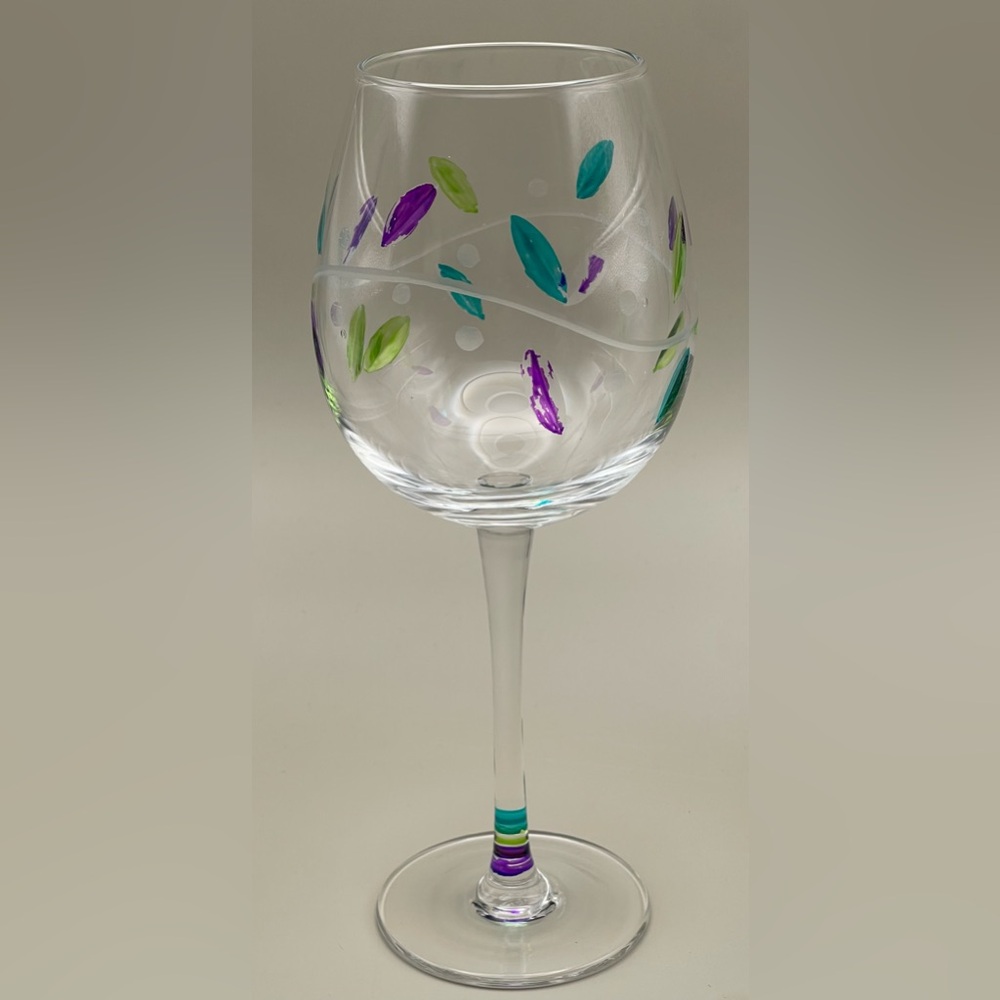 Hand Painted Wine Glass Feather Design Artisan Stemware with Paint Wear